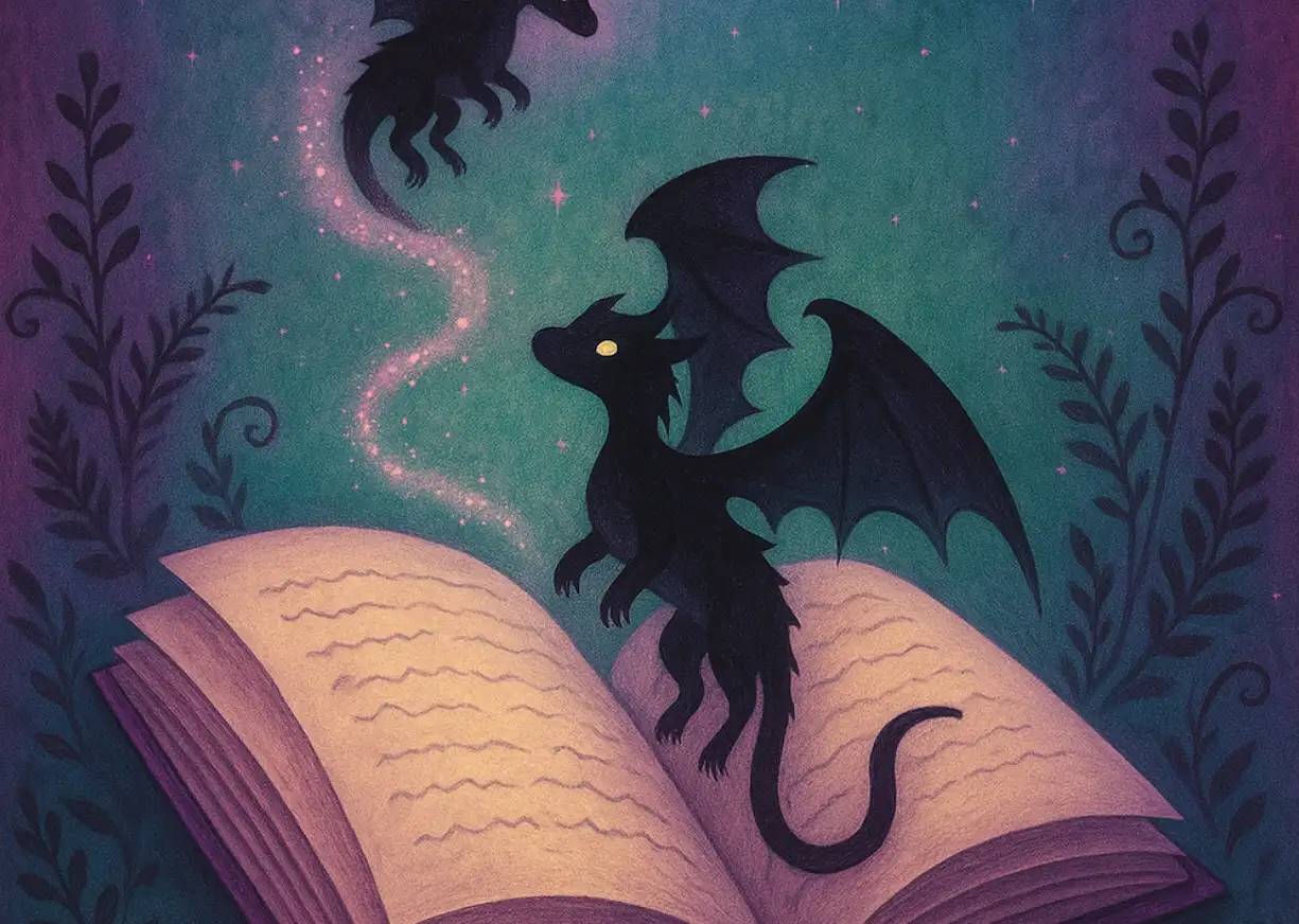 Deux dragons noirs volent au-dessus d'un livre ouvert, émettant une lueur scintillante et mystique. Le fond est ombragé de tons violets et verts, avec des étoiles et des motifs floraux en bas.