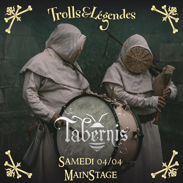 Tabernis - Two musicians in traditional attire, masked and dressed in light capes, play a large drum and a wind instrument. The visual represents the group "Tabernis," announced for the main stage at "Trolls & Legends" on April 4th.