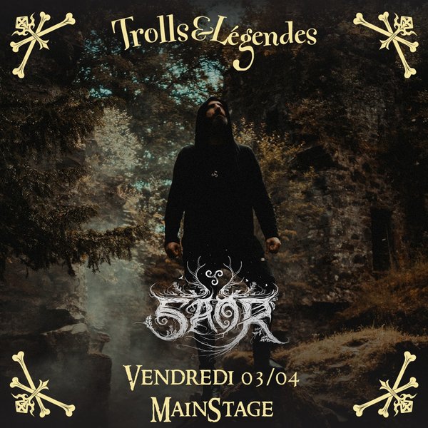 SOAR - Man in black in a forest landscape, band logo and event date below.