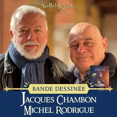 Jacques Chambon et Michel Rodrigue - Deux hommes souriants posent ensemble, promoteurs d'une bande dessinée.