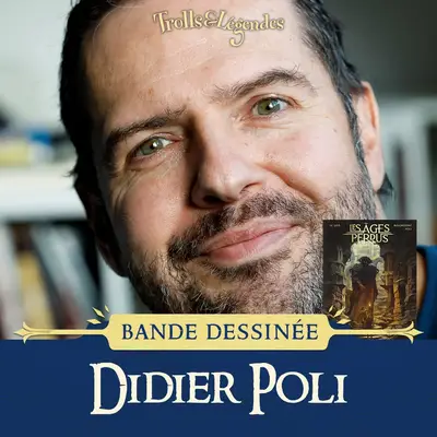 Portrait souriant de Didier Poli avec un livre intitulé "Les Âges Perdus".