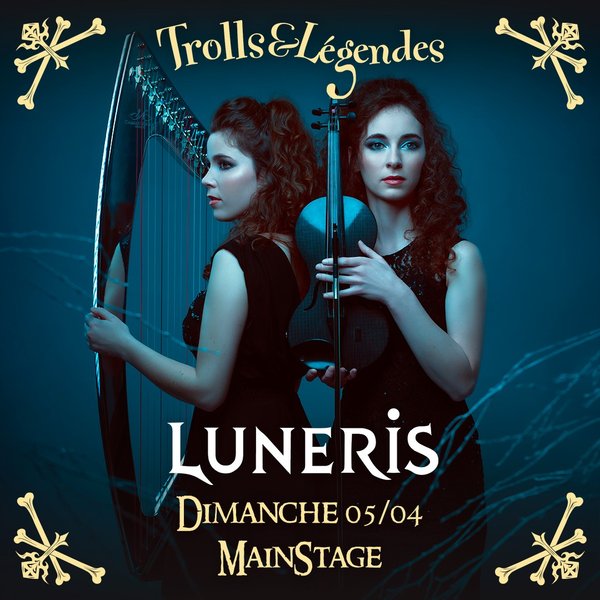 Deux femmes avec des instruments de musique, décor sombre, logo Trolls & Légendes en haut.