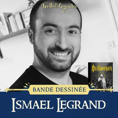 Portrait d'Ismael Legrand avec la couverture de sa bande dessinée "Deathbringer".
