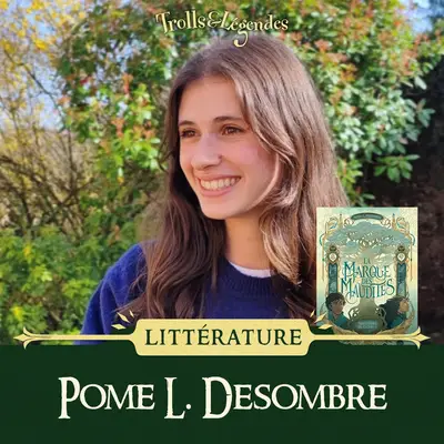 Pome L. Desombre devant un arrière-plan verdoyant, avec un livre à côté "La Marques des Maudites".