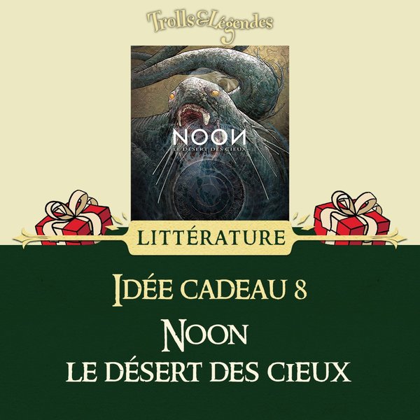 Cover of the book "Noon, the desert of the skies" on a festive background with gifts.