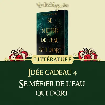 Un livre intitulé "Se méfier de l'eau qui dort" avec des cadeaux et des décorations.