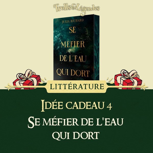 Un livre intitulé "Se méfier de l'eau qui dort" avec des cadeaux et des décorations.