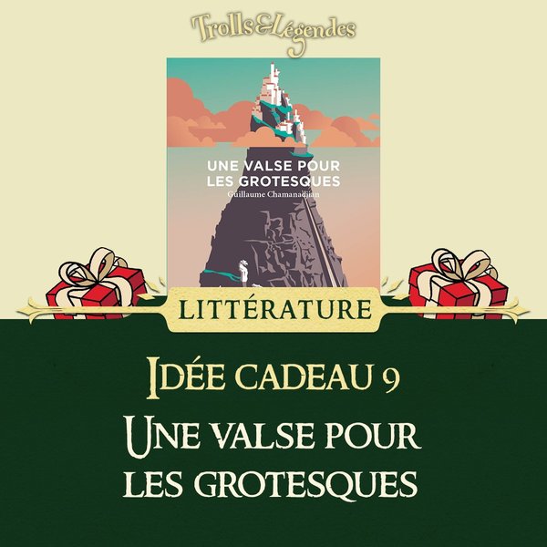 Couverture d'un livre intitulé "Une valse pour les grotesques" entourée de cadeaux.