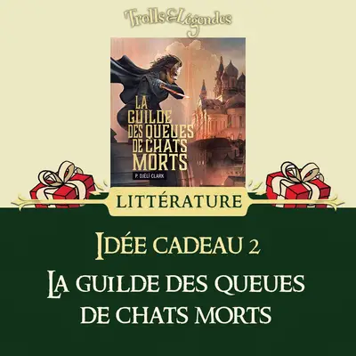 Couverture du livre "La guilde des queues de chats morts" sur fond festif.