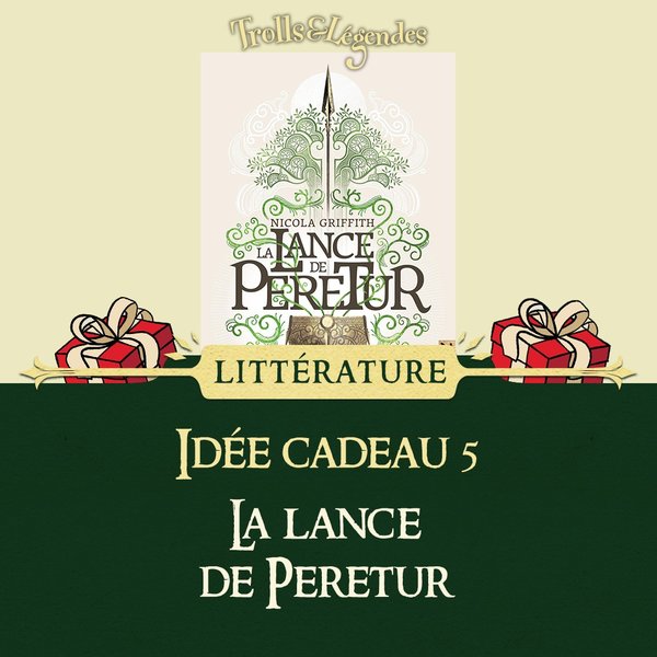 Couverture du livre "La Lance de Peretur" avec des cadeaux en arrière-plan.