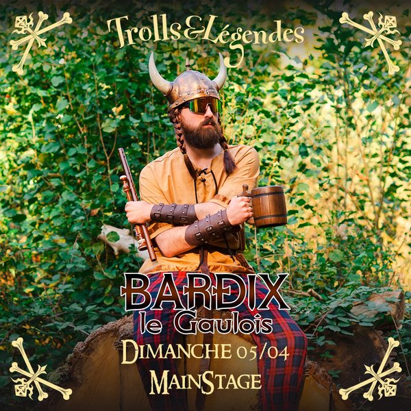 Bardix in Gallic costume sitting in nature, holding a mug and a musical instrument.