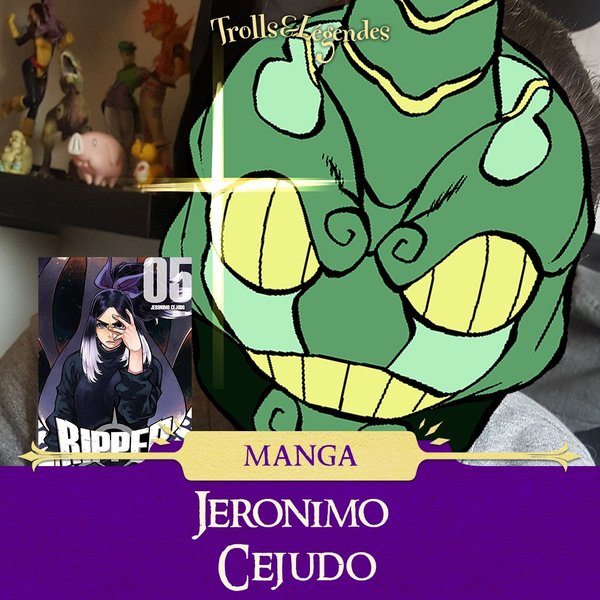 Illustration de Jeronimo Cejudo avec le manga "Ripped" en arrière-plan.