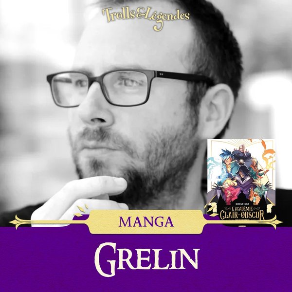 GRELIN - Denker met een bril, vergezeld van een manga-illustratie "De Clair-Obscur Academie".