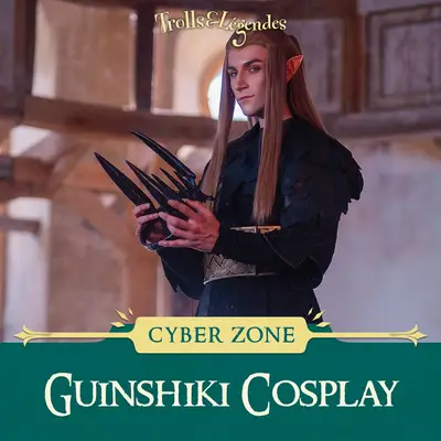 GUINSHIKI- Un personnage en cosplay avec des bras ornés de griffes, dans un décor médiéval.