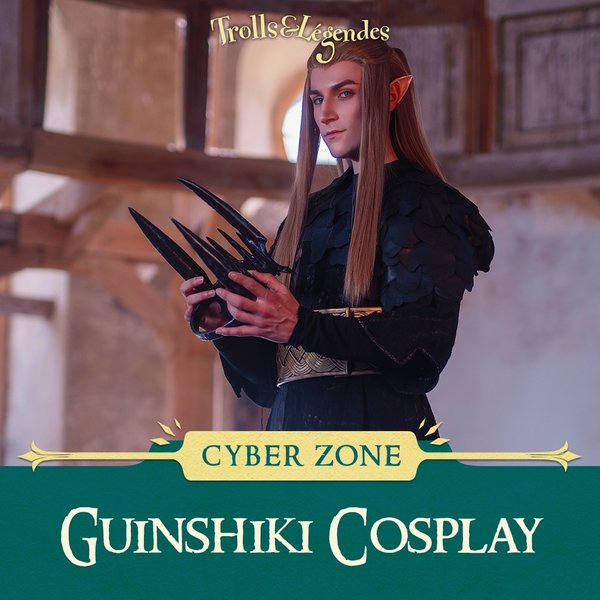 GUINSHIKI- Un personnage en cosplay avec des bras ornés de griffes, dans un décor médiéval.