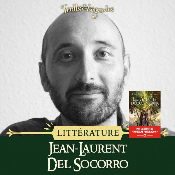 Portrait de Jean-Laurent Del Socorro avec la couverture de son livre "Les Amants du Ragnarök".