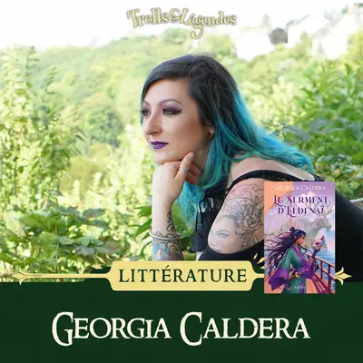 Georgia Caldera - Femme avec des cheveux colorés et un livre en présentation, entourée de verdure.