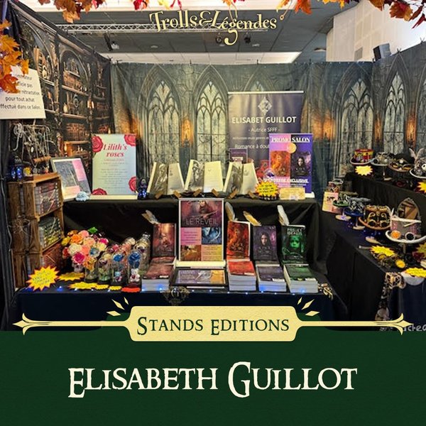 Stand of Elisabeth Guillot at the Trolls & Legends fair, with various books and decorations.