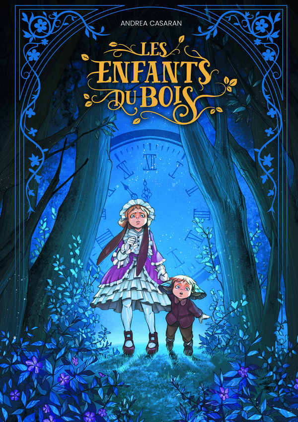 ENFANTS DU BOIS (LES) omslag - Twee kinderen in een nachtelijk bos, gigantische klok op de achtergrond, geïllustreerde stijl.