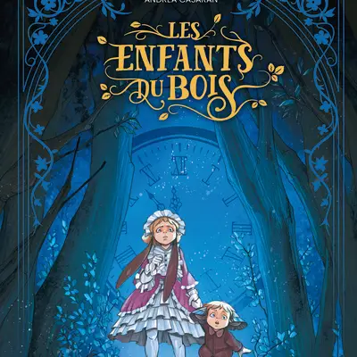 ENFANTS DU BOIS (LES) couverture - Deux enfants dans une forêt nocturne, horloge géante en arrière-plan, style illustré.