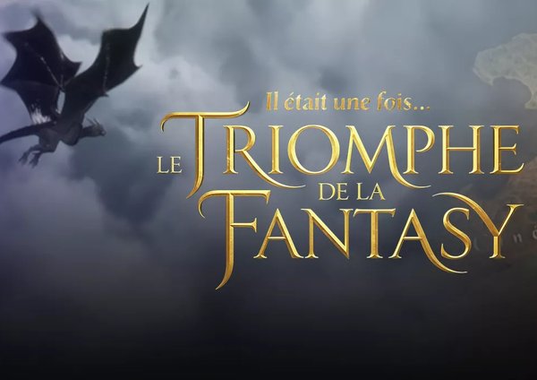 Affiche van de documentaire - Draak in de lucht met de tekst "De Triomf van Fantasy" op een bewolkte achtergrond.