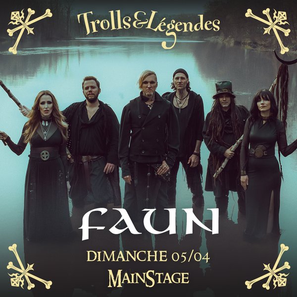 Faun band on stage, near a lake, for Trolls & Légendes 2026, Sunday 05/04.