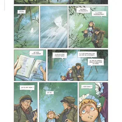 Planche de BD "Les Enfants du bois" colorée montrant personnages marchant en forêt, découverte d’un livre et réactions étonnées.
