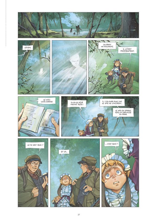 Kleurige strippagina "Les Enfants du bois" die personages toont die door het bos lopen, de ontdekking van een boek en verbaasde reacties.