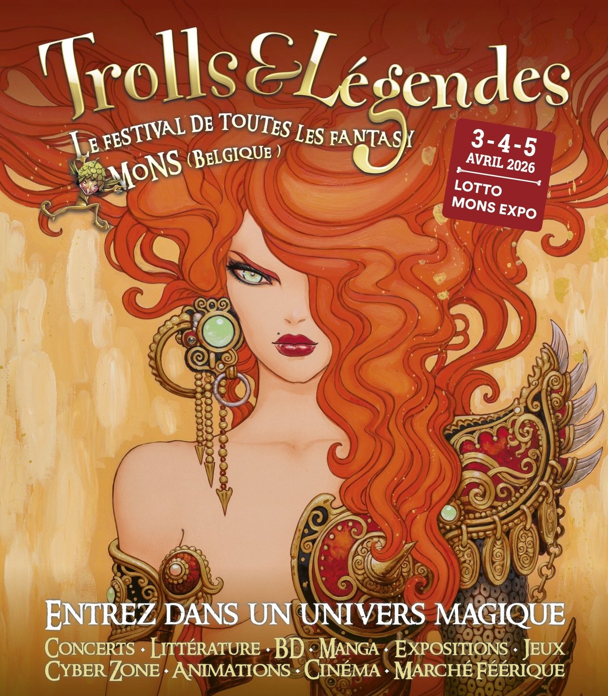 Affiche stylisée : femme aux longs cheveux rouges et décorations fantastiques.