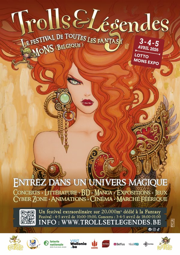 Affiche stylisée : femme aux longs cheveux rouges et décorations fantastiques.