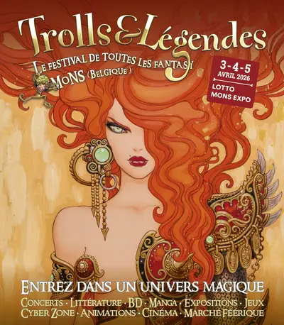 Affiche stylisée : femme aux longs cheveux rouges et décorations fantastiques.