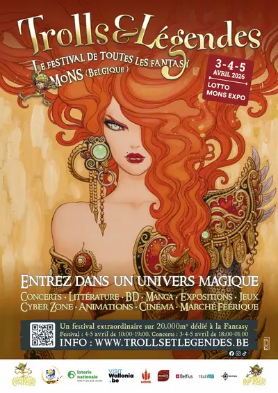 Affiche stylisée : femme aux longs cheveux rouges et décorations fantastiques.