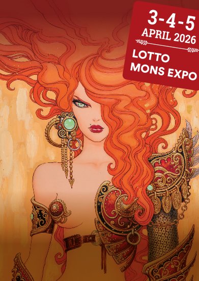 Illustration of a woman with red hair, adorned with jewelry, announcing the Trolls and Legends event of 2026.