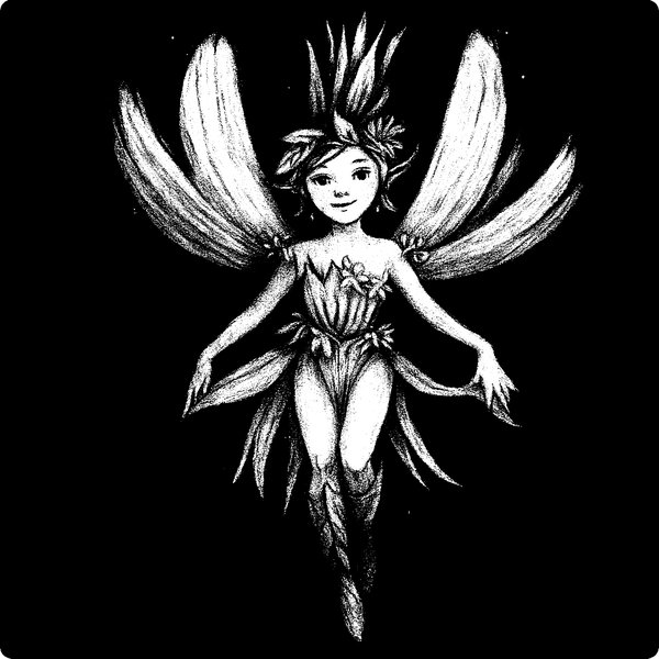 Une fée flottant dans les airs, avec de grandes ailes évoquant des feuilles, un sourire accueillant, et des détails floraux dans sa tenue. Le fond est noir, mettant en valeur la silhouette claire de la fée.