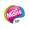 Logo coloré de "visitMons.be" avec des bulles de dialogue stylisées en violet et vert, mettant en avant le tourisme à Mons, en Belgique.