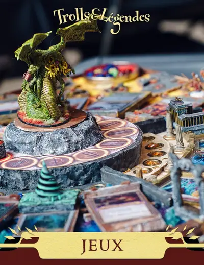 Jeu de société avec figurines, plateau coloré et décor fantastique.