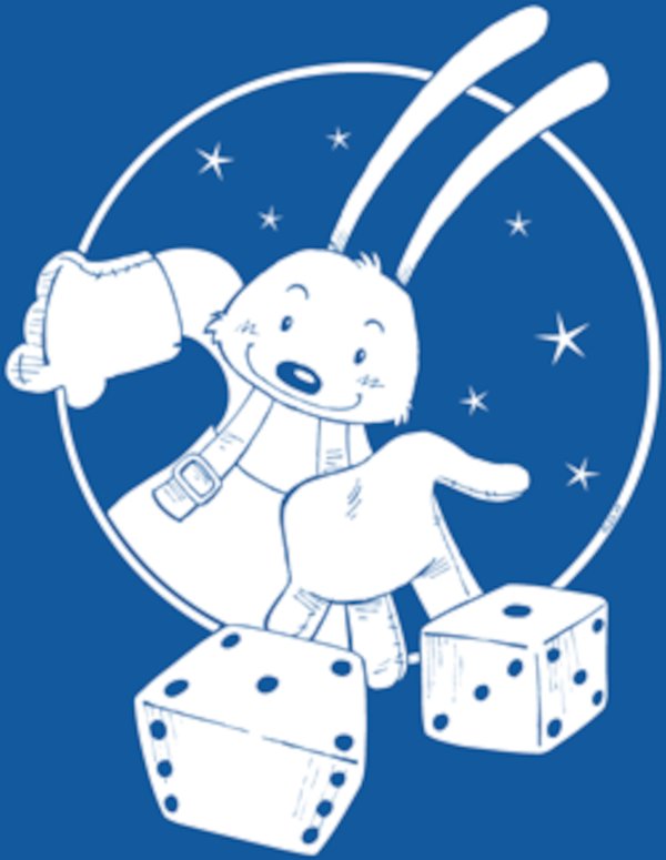 Les Forgeurs de Rêves. Un personnage de lapin espiègle, avec de longues oreilles, tient des dés dans ses pattes. Il se tient devant un fond bleu étoilé, apportant une touche ludique et fantaisiste.