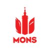 Logo de la ville de Mons, composé d'un bâtiment stylisé en rouge avec une tour centrale et des éléments floraux de chaque côté, le mot "MONS" en caractères gras et rouges en dessous.