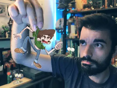 . - Un personnage animé en action dans la main d'un artiste perplexe et amusé.