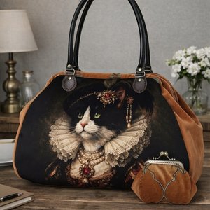 Sac à main velours avec portrait de chat aristocrate en collerette, petite bourse assortie.