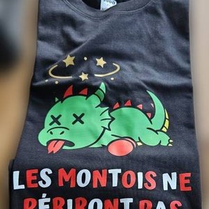 T-shirt noir plié avec dragon vert assommé et texte «Les Montois ne périront pas».